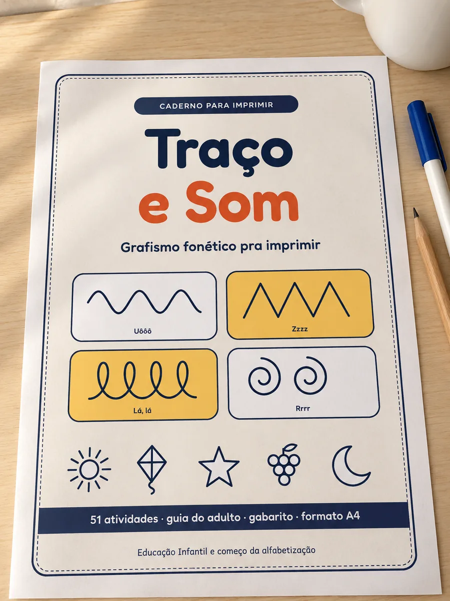 Capa do caderno Traço e Som impressa em A4 sobre a mesa