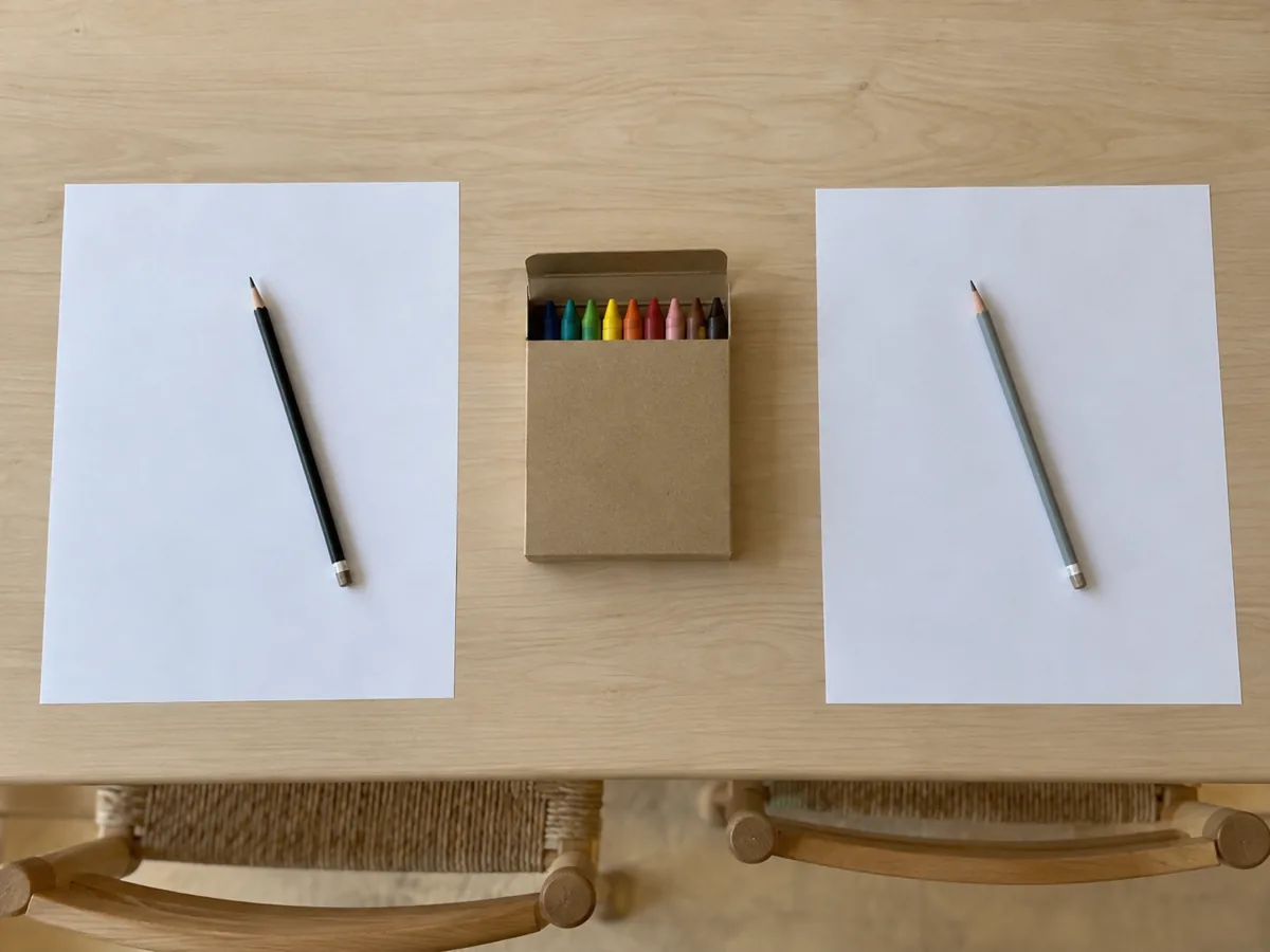 Duas folhas A4 em branco separadas na mesa de madeira, cada uma com um lápis, e uma caixa de giz de cera fechada entre elas. Imagem ilustrativa