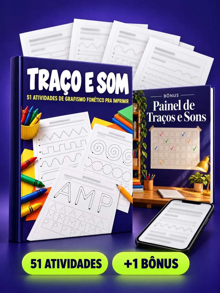 Montagem ilustrativa do Traço e Som: livro com a capa, páginas do material e celular e capas dos bônus