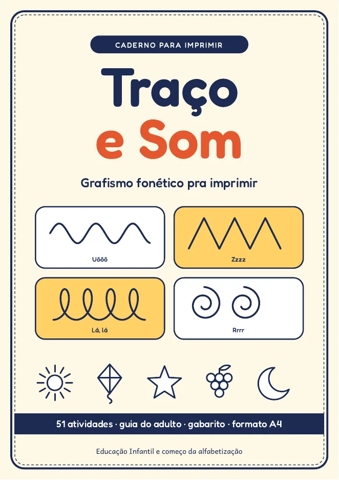 Página real do PDF Traço e Som: capa com quatro traços de exemplo e “51 atividades, guia do adulto, gabarito, formato A4”