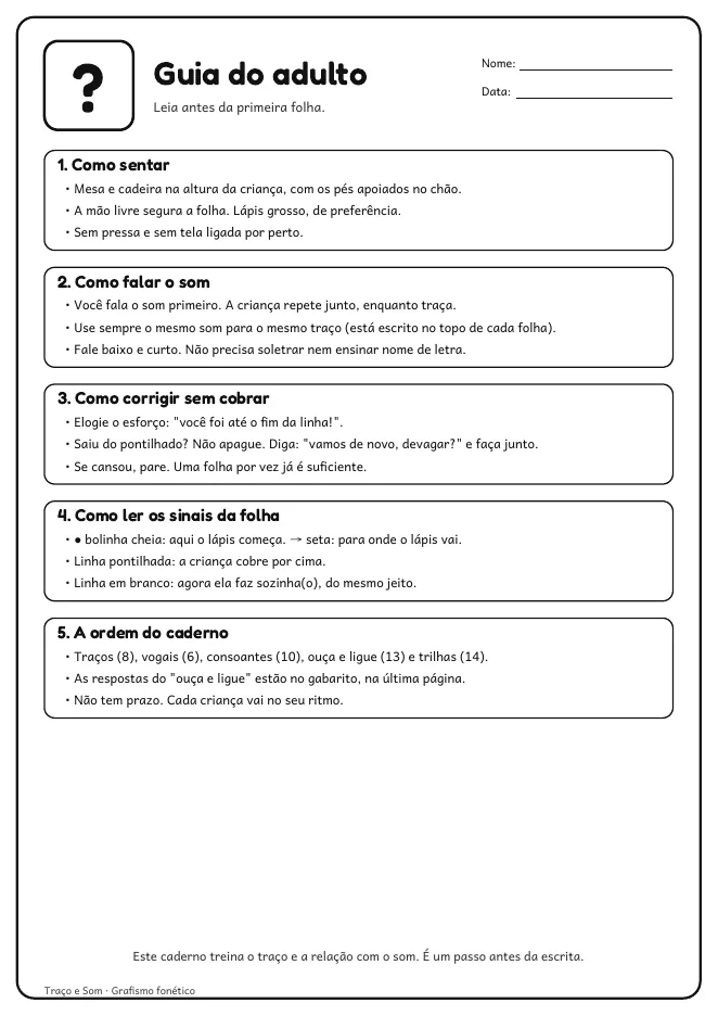 Página real do PDF Traço e Som: guia de 1 página pro adulto, com como sentar, como falar o som e a ordem do caderno