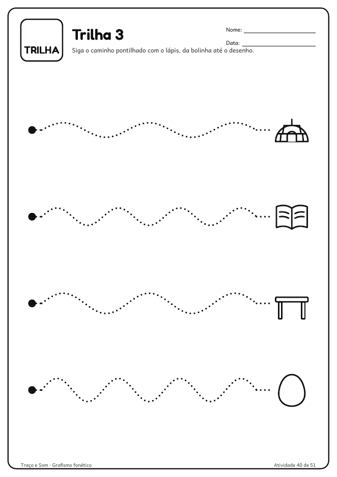 Página real do PDF Traço e Som: folha Trilha 3, com caminhos pontilhados até o desenho