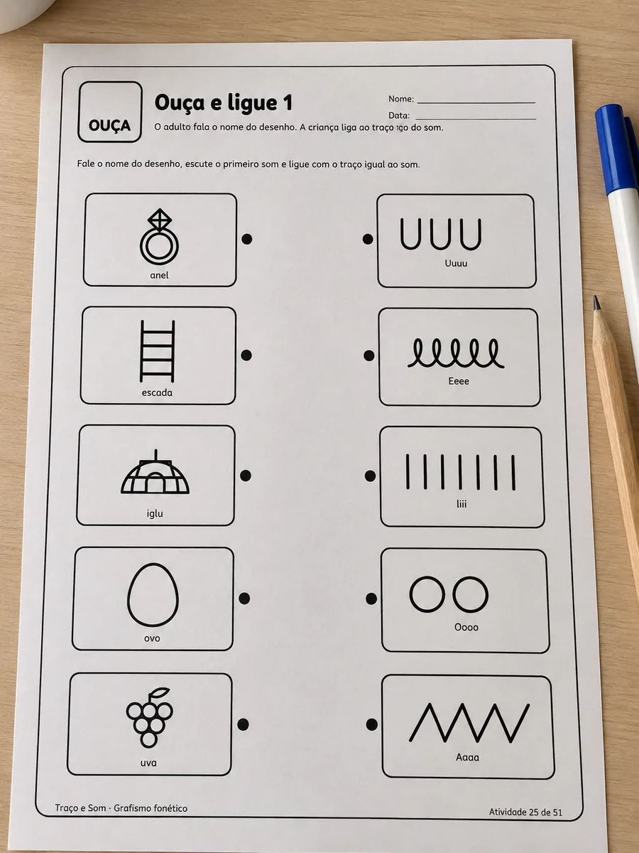 Folha de ouça e ligue: desenhos pra ligar ao som inicial, impressa sobre a mesa