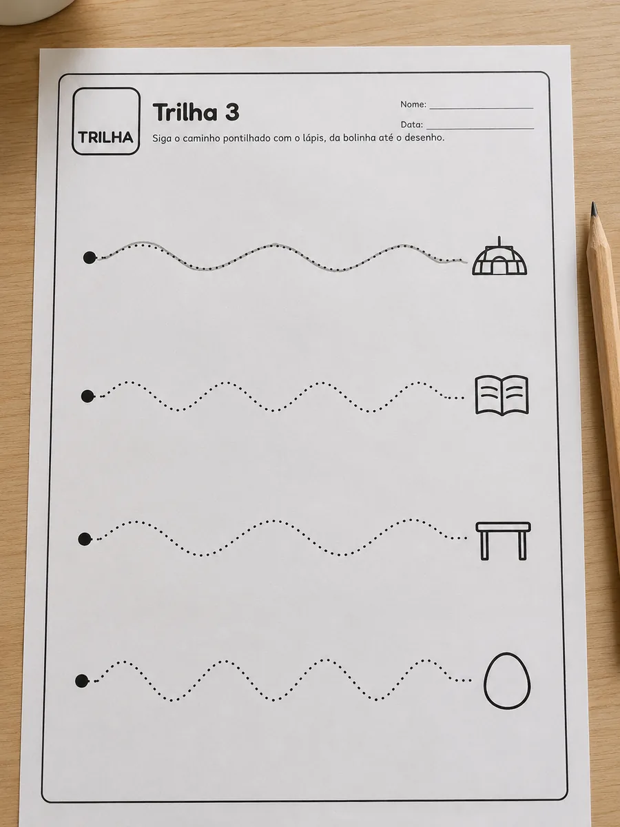 Folha de trilha com caminhos pontilhados que levam da bolinha até um desenho, impressa sobre a mesa