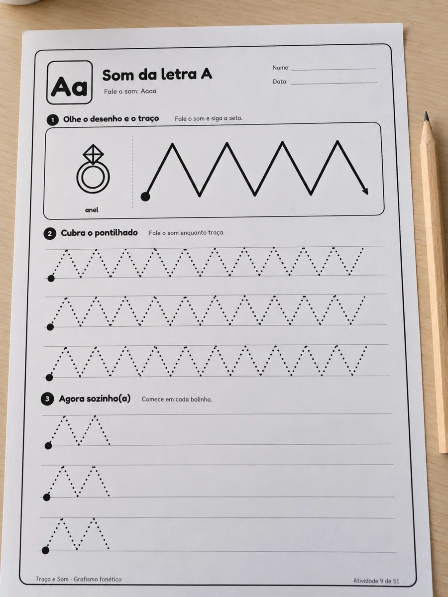 Folha de vogal ou consoante: traço e desenho do som, impressa sobre a mesa